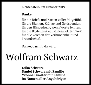 Anzeige von Wolfram Schwarz von Reutlinger General-Anzeiger