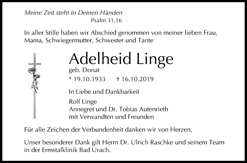  Traueranzeige für Adelheid Linge vom 09.11.2019 aus Reutlinger General-Anzeiger