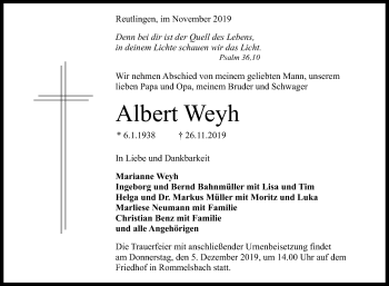 Anzeige von Albert Weyh von Reutlinger General-Anzeiger