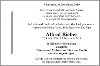 Anzeige von Alfred Bieber von Reutlinger General-Anzeiger