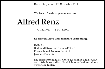 Anzeige von Alfred Renz von Reutlinger General-Anzeiger