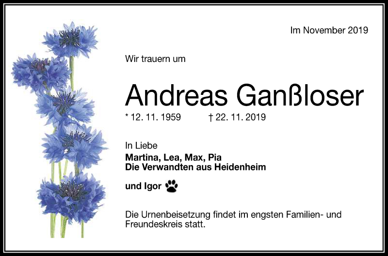  Traueranzeige für Andreas Ganßloser vom 30.11.2019 aus Reutlinger General-Anzeiger