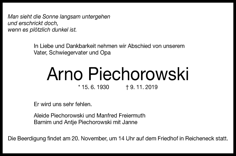  Traueranzeige für Arno Piechorowski vom 15.11.2019 aus Reutlinger General-Anzeiger