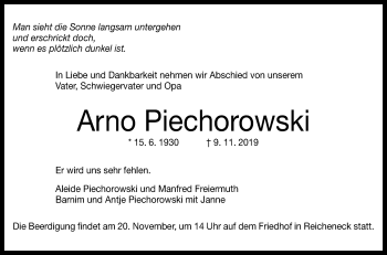 Anzeige von Arno Piechorowski von Reutlinger General-Anzeiger