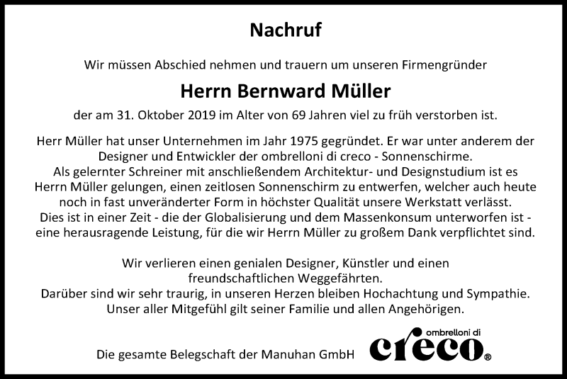 Traueranzeige für Bernward Müller vom 07.11.2019 aus Reutlinger General-Anzeiger