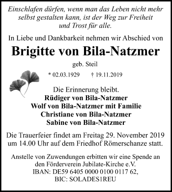 Anzeige von Brigitte von Bila-Natzmer von Reutlinger General-Anzeiger
