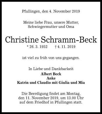 Anzeige von Christine Schramm-Beck von Reutlinger General-Anzeiger