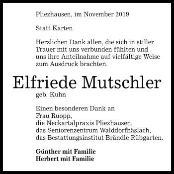 Anzeige von Elfriede Mutschler von Reutlinger General-Anzeiger