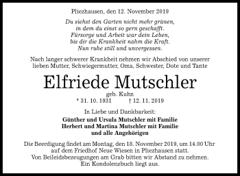 Anzeige von Elfriede Mutschler von Reutlinger General-Anzeiger