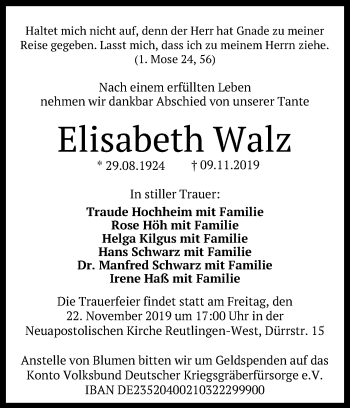 Anzeige von Elisabeth Walz von Reutlinger General-Anzeiger