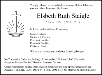 Anzeige von Elsbeth Ruth Staigle von Reutlinger General-Anzeiger