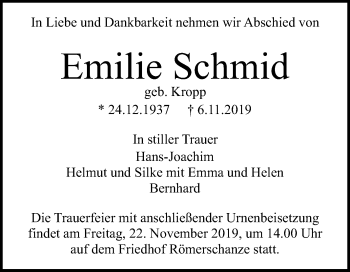 Anzeige von Emilie Schmid von Reutlinger General-Anzeiger