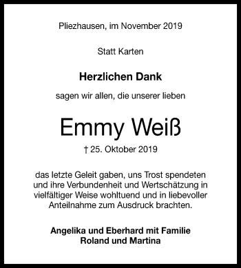 Anzeige von Emmy Weiß von Reutlinger General-Anzeiger