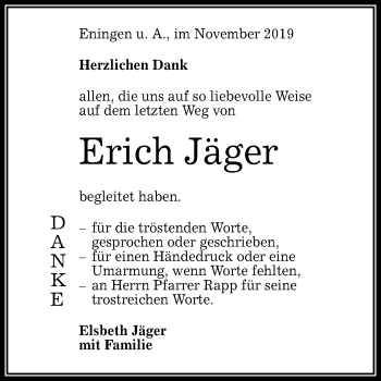 Anzeige von Erich Jäger von Reutlinger General-Anzeiger