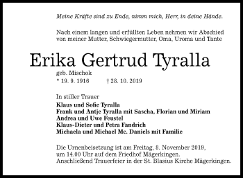 Anzeige von Erika Gertrud Tyralla von Reutlinger General-Anzeiger