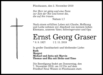 Anzeige von Ernst Georg Graser von Reutlinger General-Anzeiger