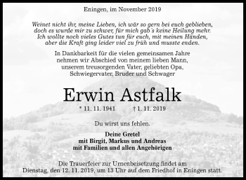 Anzeige von Erwin Astfalk von Reutlinger General-Anzeiger