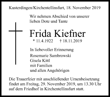 Anzeige von Frida Kiefner von Reutlinger General-Anzeiger