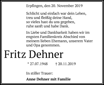 Anzeige von Fritz Dehner von Reutlinger General-Anzeiger