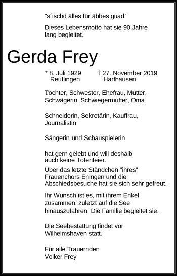 Anzeige von Gerda Frey von Reutlinger General-Anzeiger