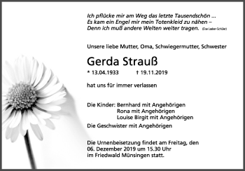Anzeige von Gerda Strauß von Reutlinger General-Anzeiger