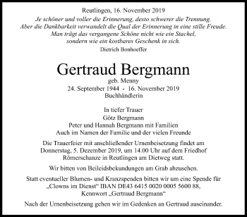 Anzeige von Gertraud Bergmann von Reutlinger General-Anzeiger