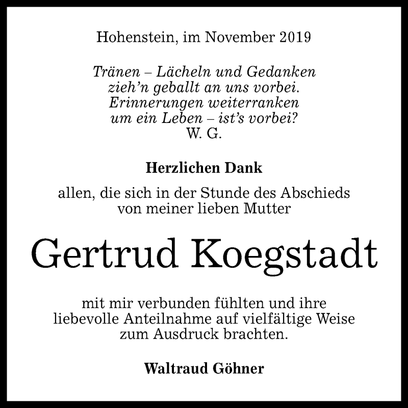  Traueranzeige für Gertrud Koegstadt vom 09.11.2019 aus Reutlinger General-Anzeiger