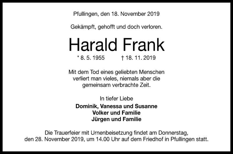  Traueranzeige für Harald Frank vom 23.11.2019 aus Reutlinger General-Anzeiger