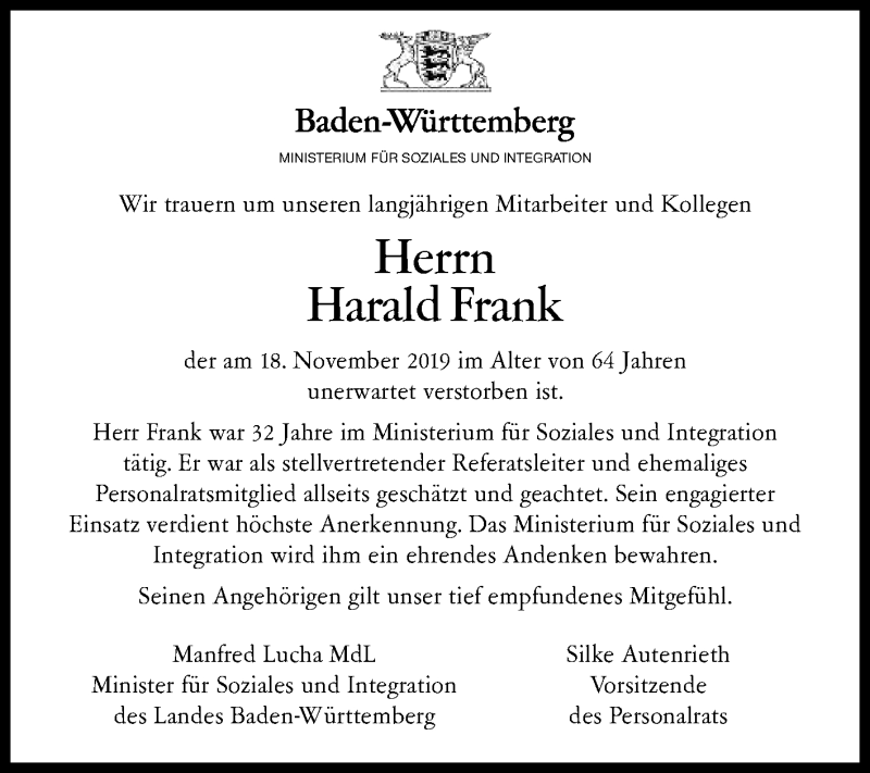  Traueranzeige für Harald Frank vom 23.11.2019 aus Reutlinger General-Anzeiger