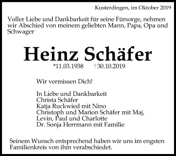 Anzeige von Heinz Schäfer von Reutlinger General-Anzeiger