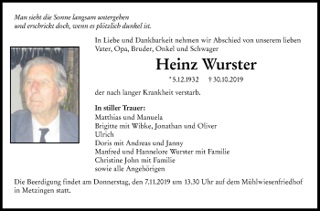 Anzeige von Heinz Wurster von Reutlinger General-Anzeiger