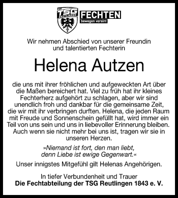 Anzeige von Helena Autzen von Reutlinger General-Anzeiger