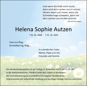 Anzeige von Helena Sophie Autzen von Reutlinger General-Anzeiger