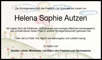 Anzeige von Helena Sophie Autzen von Reutlinger General-Anzeiger
