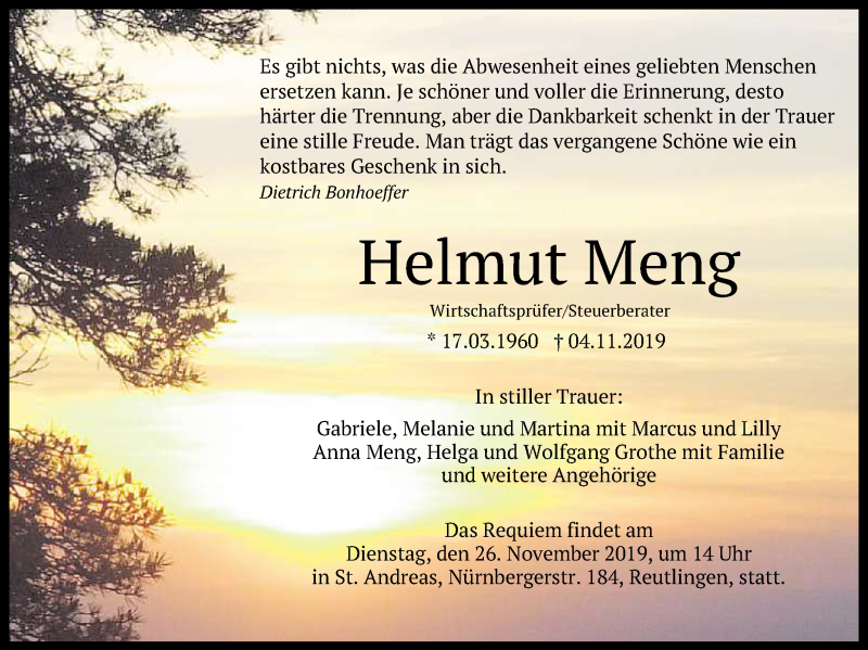  Traueranzeige für Helmut Meng vom 09.11.2019 aus Reutlinger General-Anzeiger