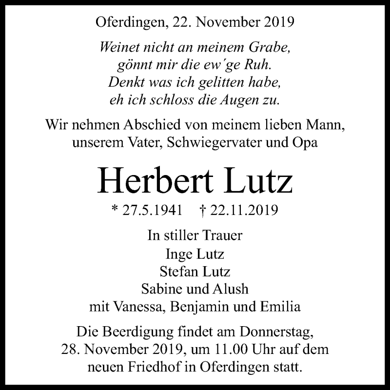  Traueranzeige für Herbert Lutz vom 27.11.2019 aus Reutlinger General-Anzeiger
