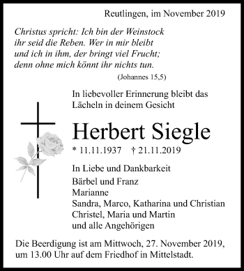 Anzeige von Herbert Siegle von Reutlinger General-Anzeiger