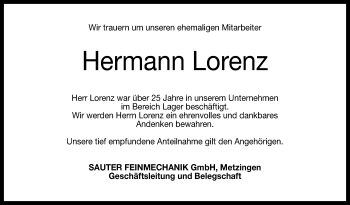 Anzeige von Hermann Lorenz von Reutlinger General-Anzeiger