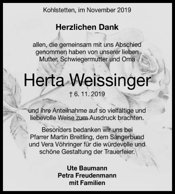 Anzeige von Herta Weissinger von Reutlinger General-Anzeiger