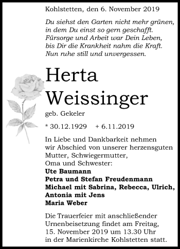 Anzeige von Herta Weissinger von Reutlinger General-Anzeiger