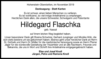 Anzeige von Hildegard Flaschka von Reutlinger General-Anzeiger