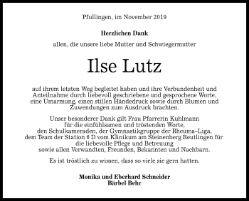 Anzeige von Ilse Lutz von Reutlinger General-Anzeiger