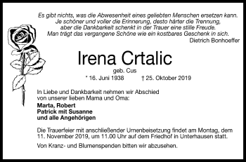 Anzeige von Irena Crtalic von Reutlinger General-Anzeiger
