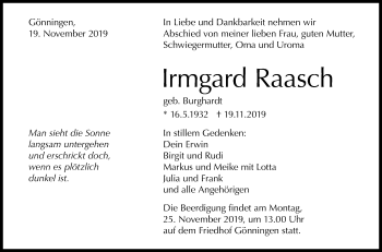 Anzeige von Irmgard Raasch von Reutlinger General-Anzeiger