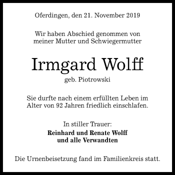 Anzeige von Irmgard Wolff von Reutlinger General-Anzeiger