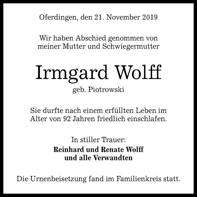  Traueranzeige für Irmgard Wolff vom 21.11.2019 aus Reutlinger General-Anzeiger