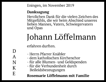 Anzeige von Johann Löffelmann von Reutlinger General-Anzeiger
