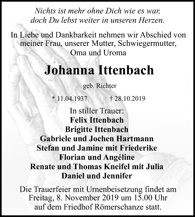  Traueranzeige für Johanna Ittenbach vom 02.11.2019 aus Reutlinger General-Anzeiger