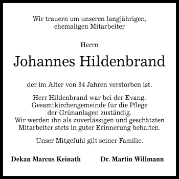 Anzeige von Johannes Hildenbrand von Reutlinger General-Anzeiger