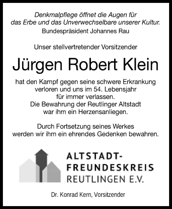 Anzeige von Jürgen Robert Klein von Reutlinger General-Anzeiger